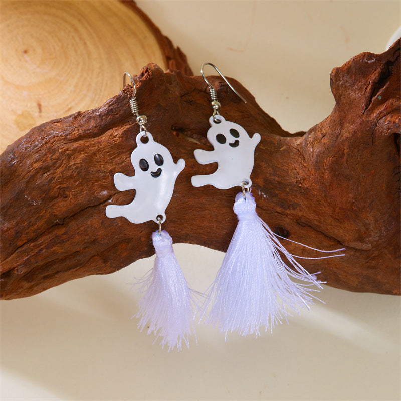 Pendientes de aleación con colgante de fantasma espeluznante con borlas en blanco, negro y gris para Halloween, galvanizados, estilo unisex dulce y atrevido