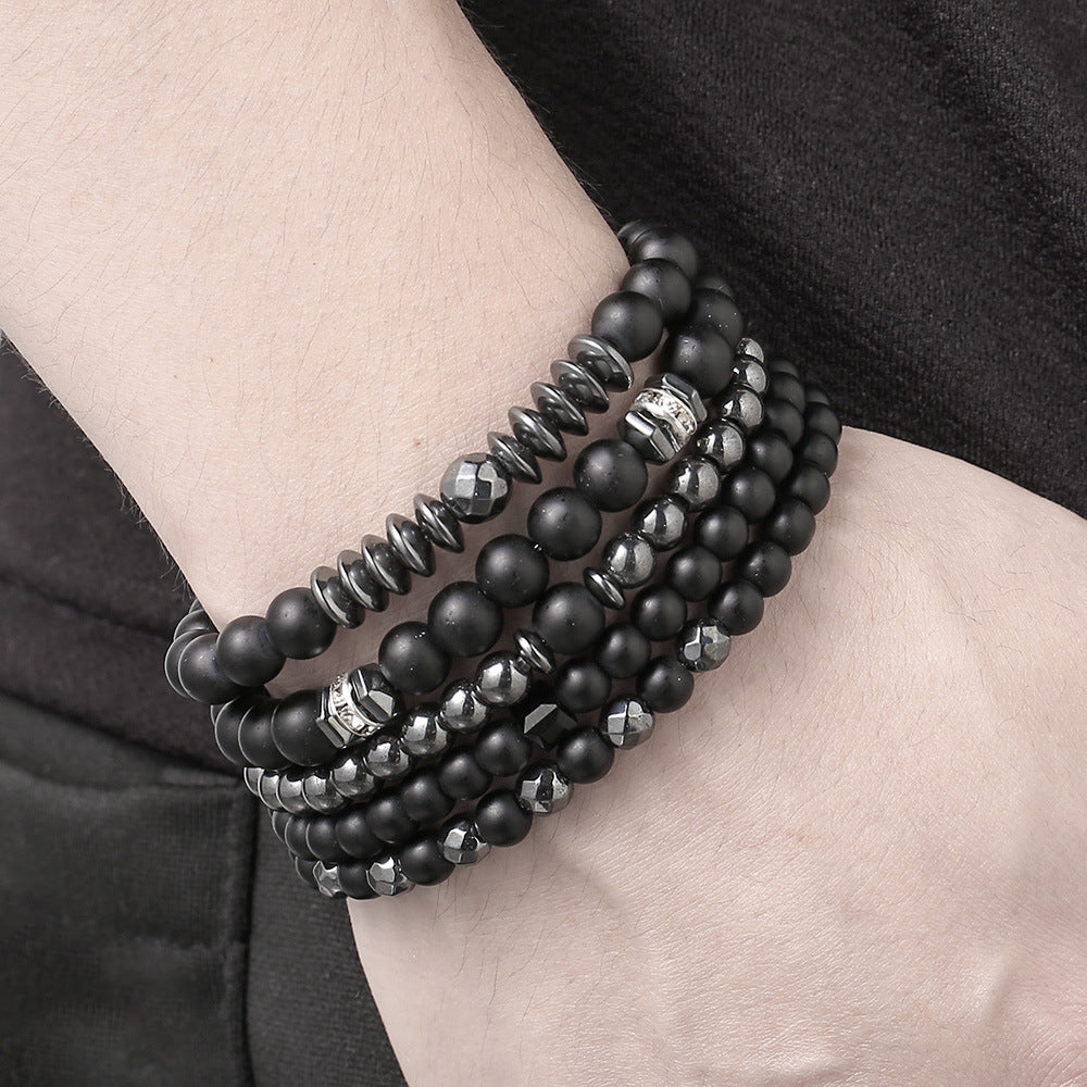 Matte Black Hematite Beaded Bracelet Set Geometric Round 6/8mm 5-Piece Unisex