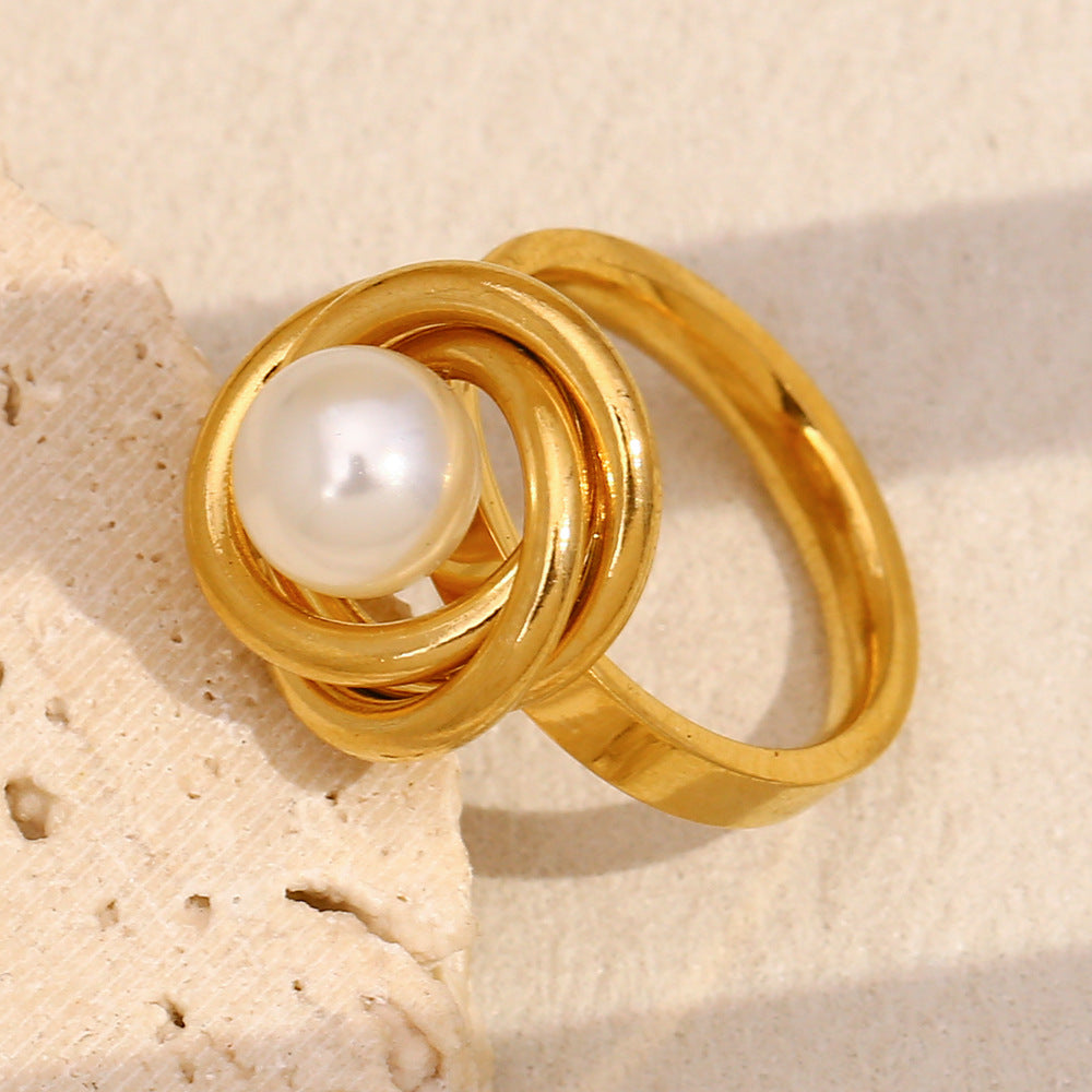 Vintage Style Geometric Stainless Steel Ring with 18K Gold Plating and Pearl Accent for Women