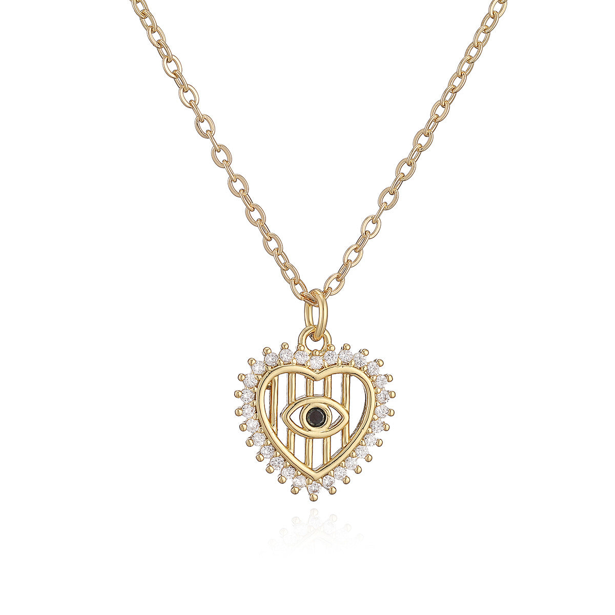 Minimalist 18K Gold Plated Brass Heart Evil Eye Cubic Zirconia Pendant Necklace for Women