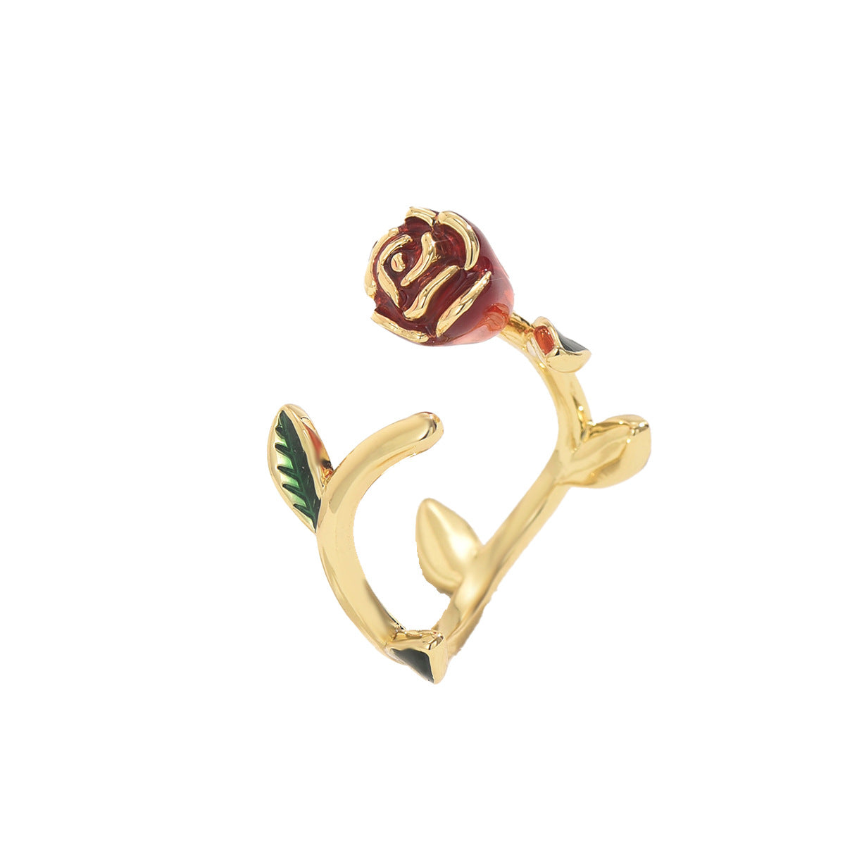 Anillo de cobre esmaltado con diseño minimalista de rosa floral para mujer, ajustable, accesorio de moda