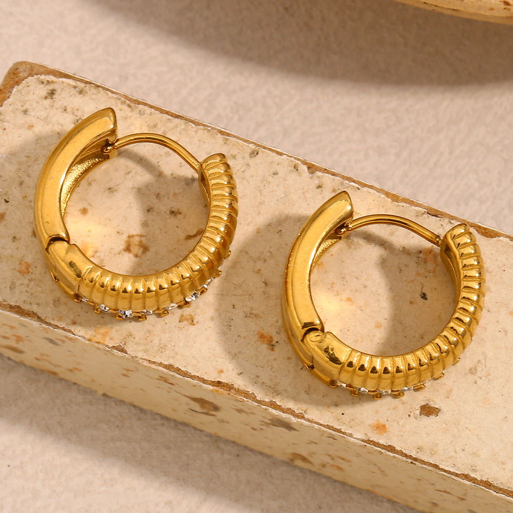 Minimalist Geometric Stainless Steel Earrings with 18K Gold Plating and Zircon Accent Studs