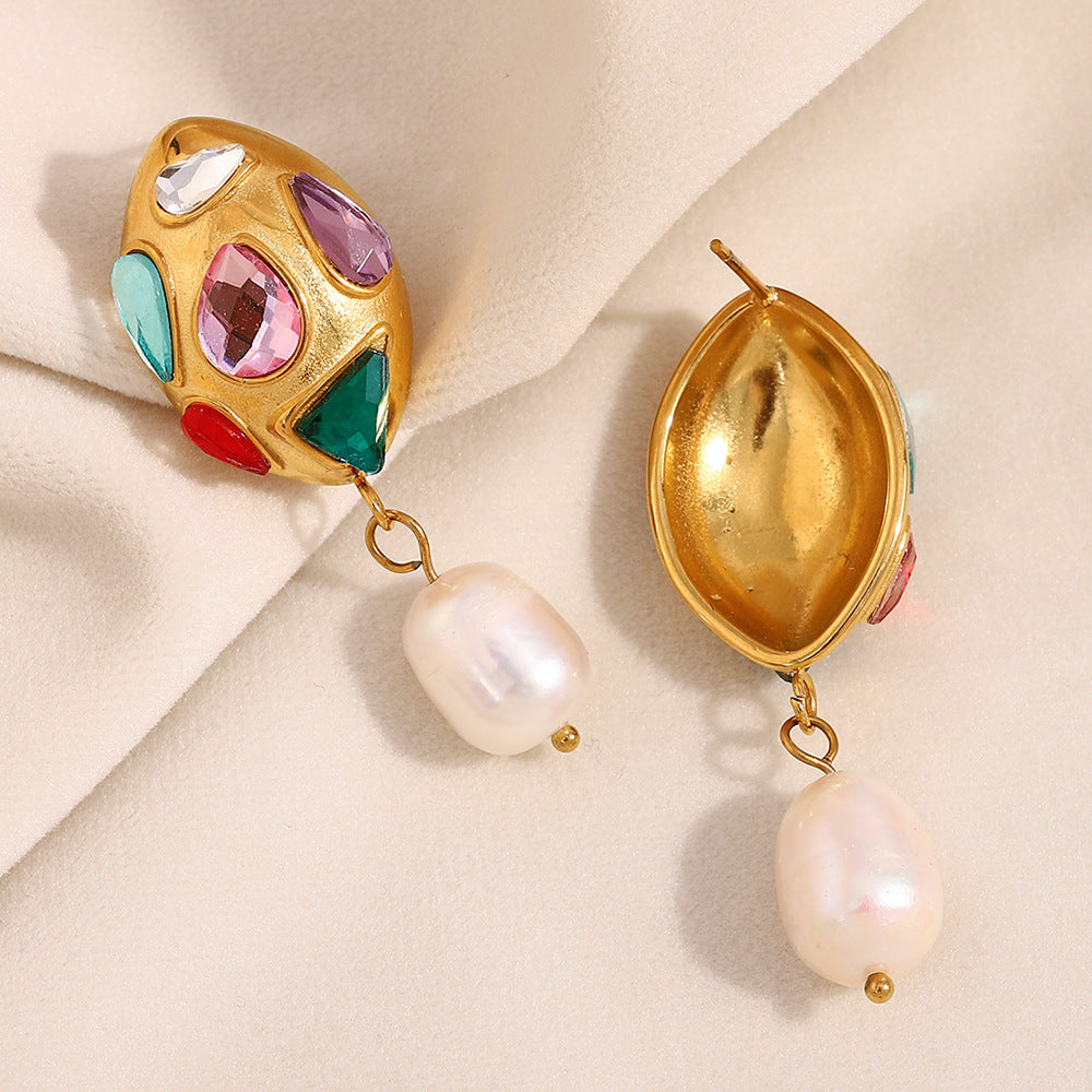 Fashionable Minimalist Geometric Stainless Steel 18K Gold Plated CZ Pearl Stud Earrings for Women