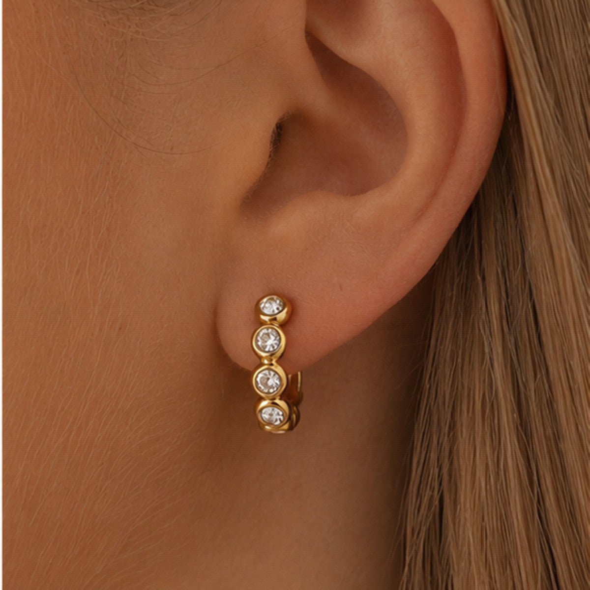 Minimalist Geometric Round Rhinestone Inlaid PVD Stainless Steel Earrings for Women