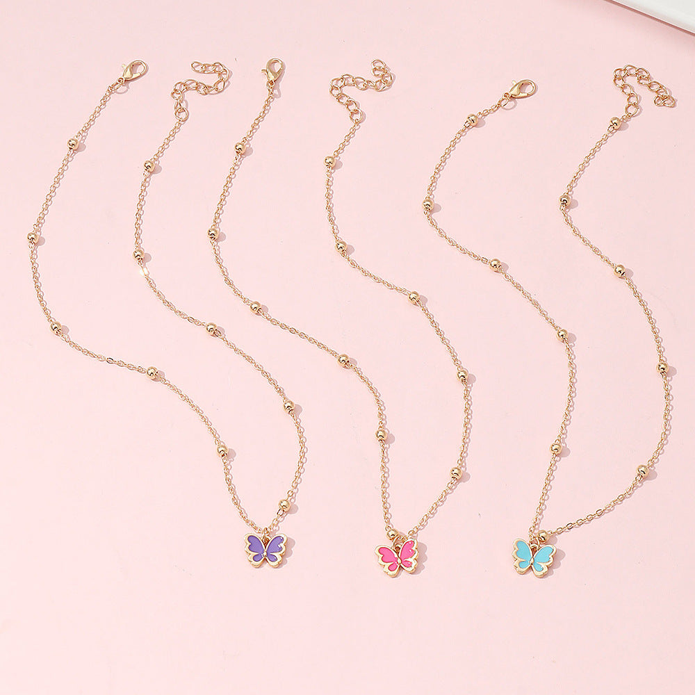 Conjunto de collar de aleación con forma de mariposa para niñas, con acabado esmaltado y cadena tipo Box, estilo princesa