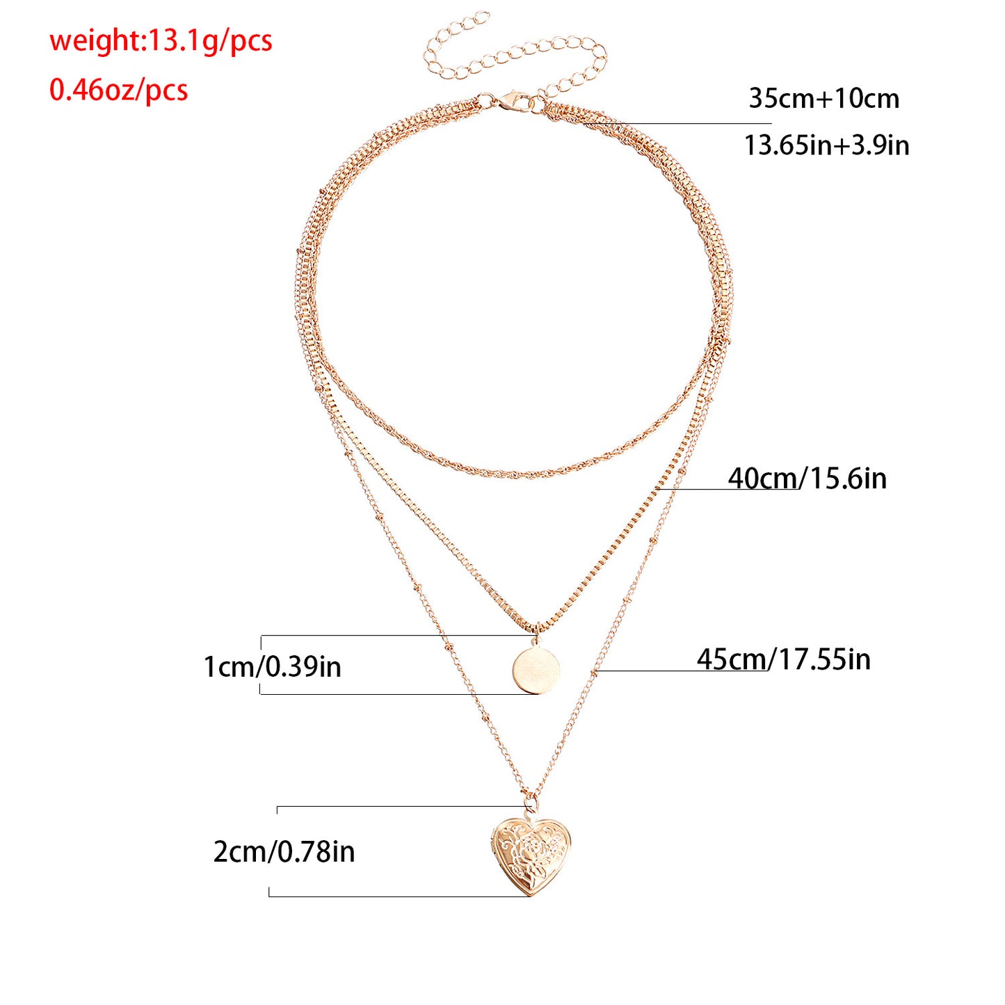 Vintage Minimalist Round Heart Pattern Pendant Necklace for Women Alloy Plated Box Chain Multi-Layer Neckwear