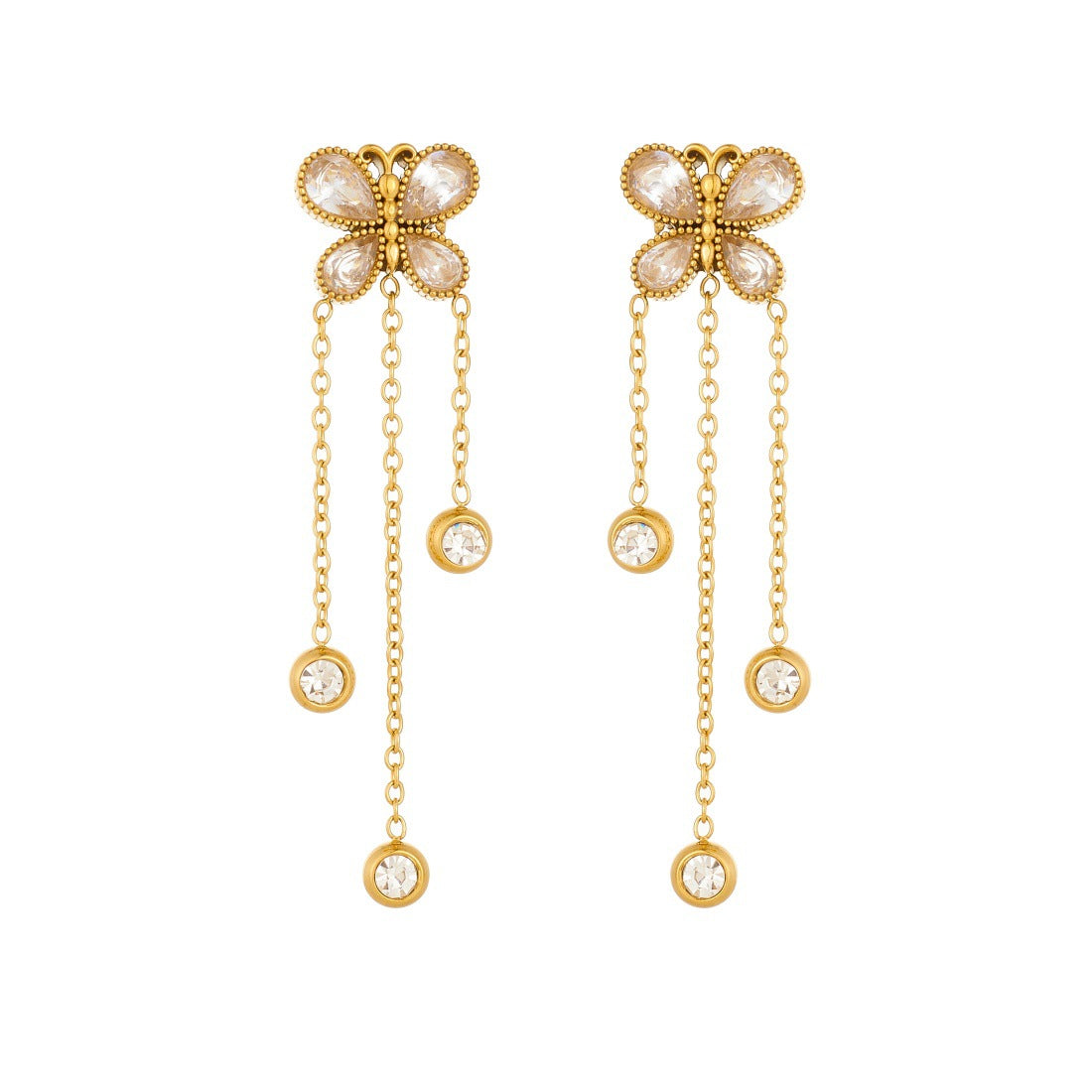 Vintage Minimalist Gold Plated Stainless Steel Butterfly Round Rhinestone Tassel Drop Earrings