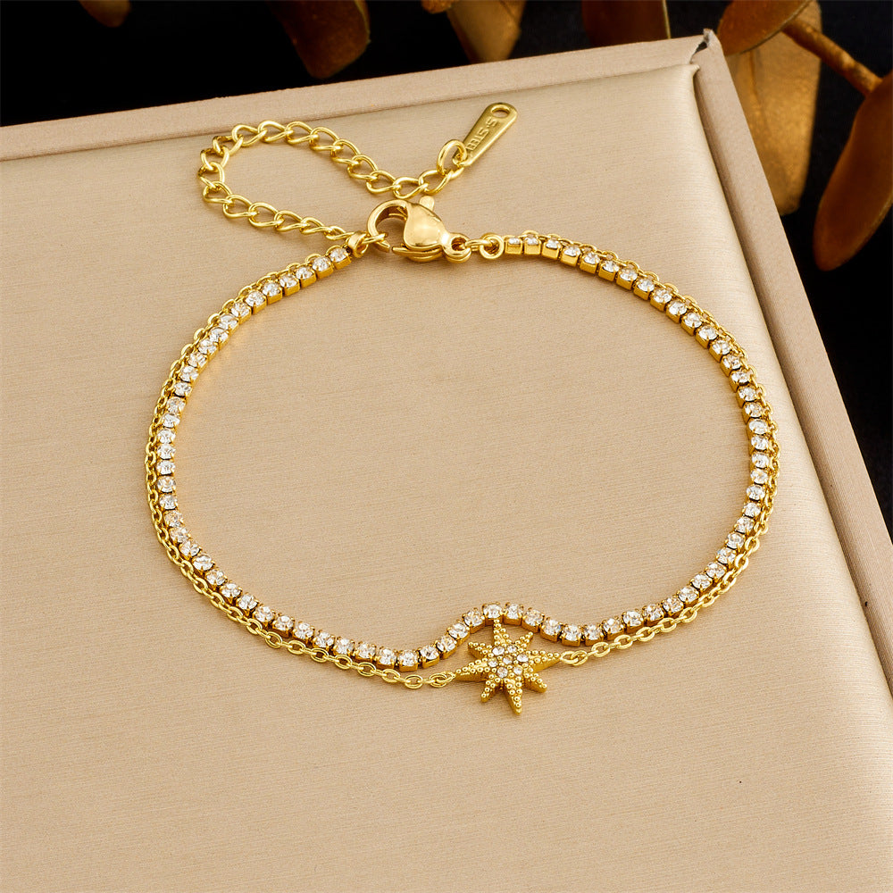 Minimalist Sweet Rhinestone Inlaid Star Heart Stainless Steel Double Layer Bracelet