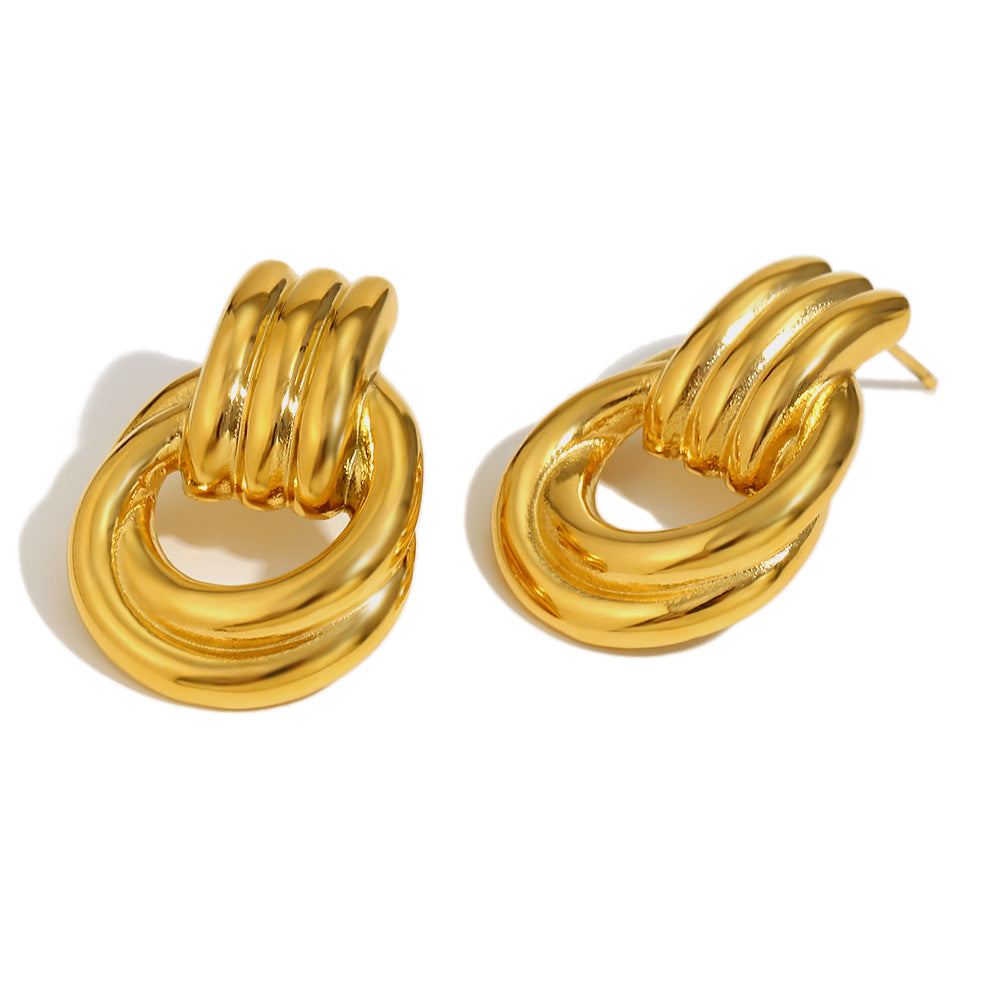 Minimalist Geometric Stainless Steel Earrings with 18K Gold Plating, Interlocking Dual-Tone Hoop Design for Women