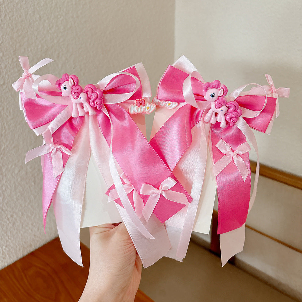 Cartoon Pony-Themed Hair Clip for Girls with Ribbon Bow and Tassel Decorations Made of Fabric