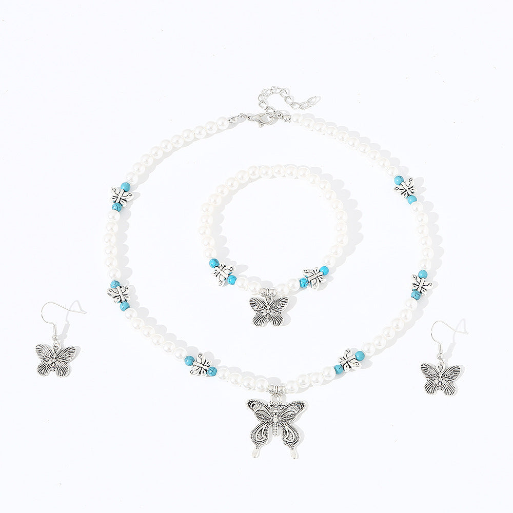 Set Collana con Ciondolo Farfalla Minimalista per Ragazze, Catena in Lega con Accenti di Perle, Gioielli per Bambini Stile Dolce