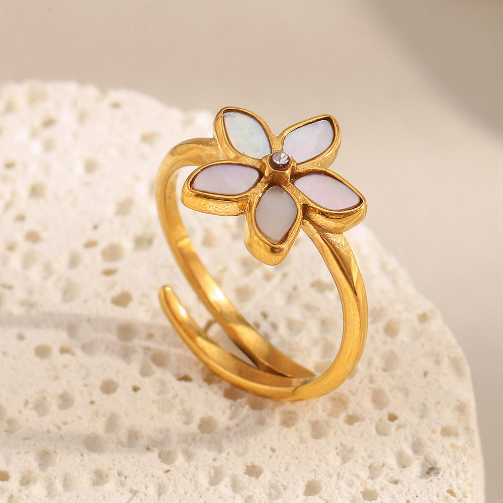 Anello da donna aperto minimalista geometrico floreale in acciaio inossidabile placcato oro bianco 18 carati