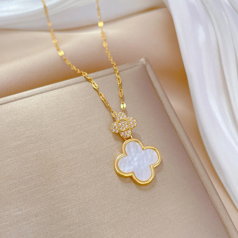 Collar con colgante minimalista de concha geométrica y trébol de cuatro hojas en acero de titanio con cadena de acero inoxidable para mujeres y hombres