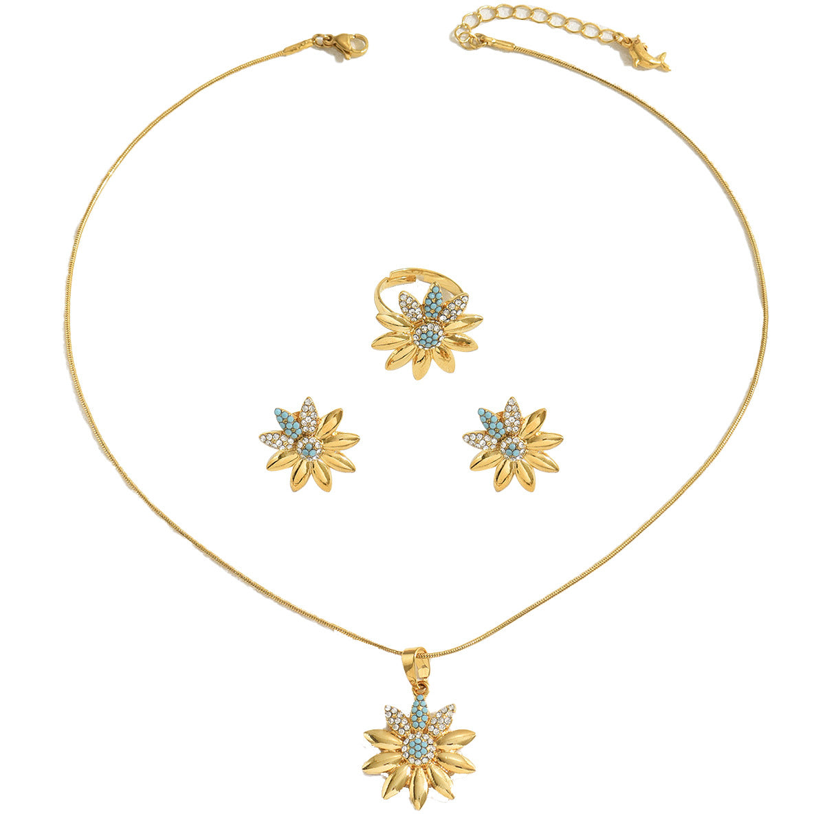 Conjunto de collar, anillo y pendientes de aleación rústico con girasol floral e incrustaciones de diamantes de imitación para mujer