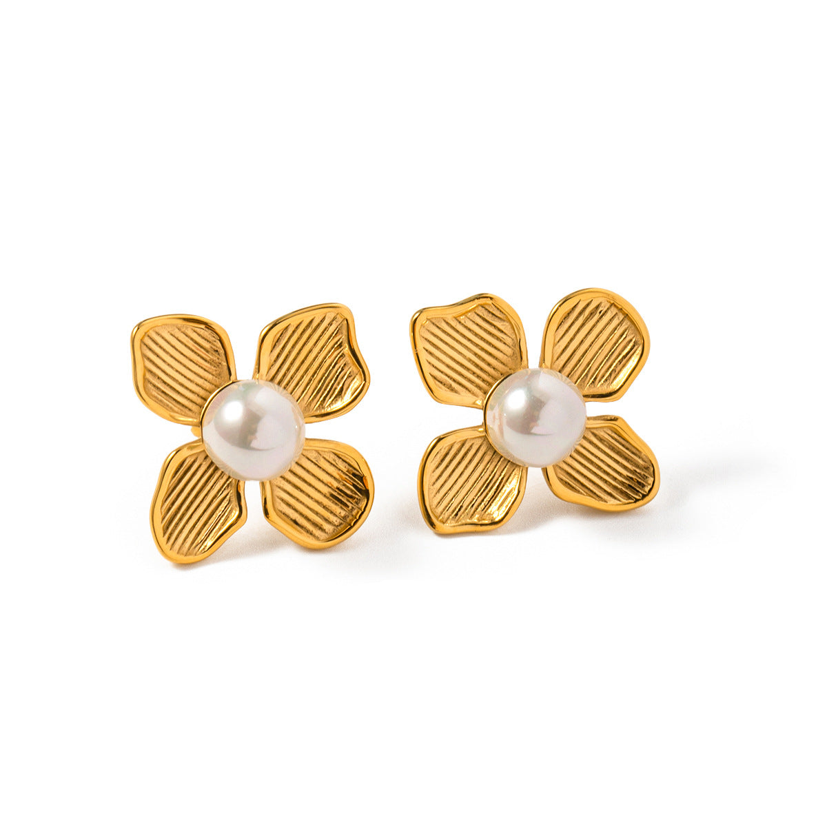 Trendy Geometric Flower Inlay Stainless Steel Earrings with Imitation Pearl 18K Gold Plated