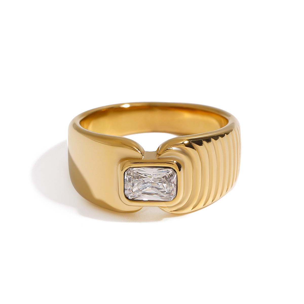 Anello Geometrico da Donna in Acciaio Inox Placcato con Intarsio di Zirconi, Accessorio di Moda Minimalista