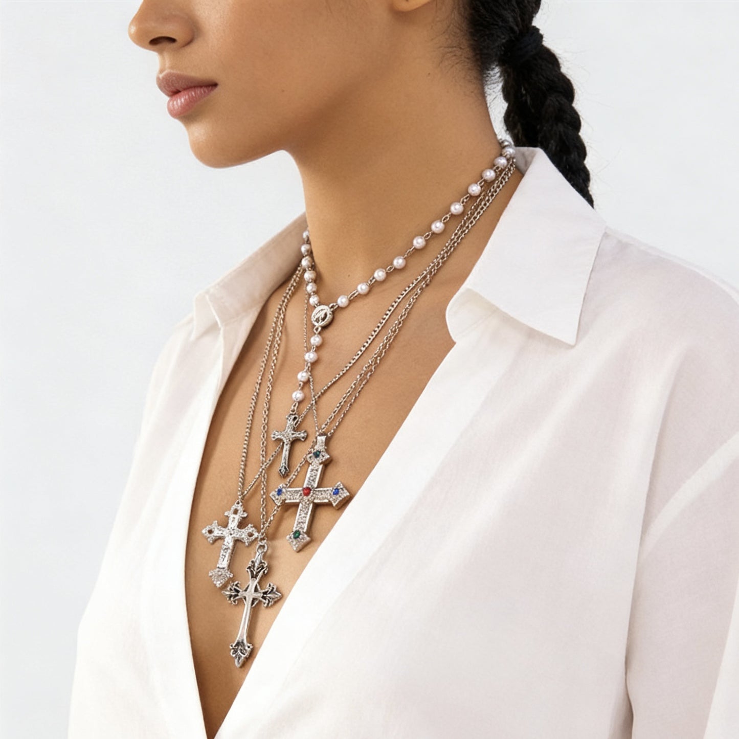 Collana pendente a croce geometrica hip-hop con catena in lega placcata e perle finte, unisex