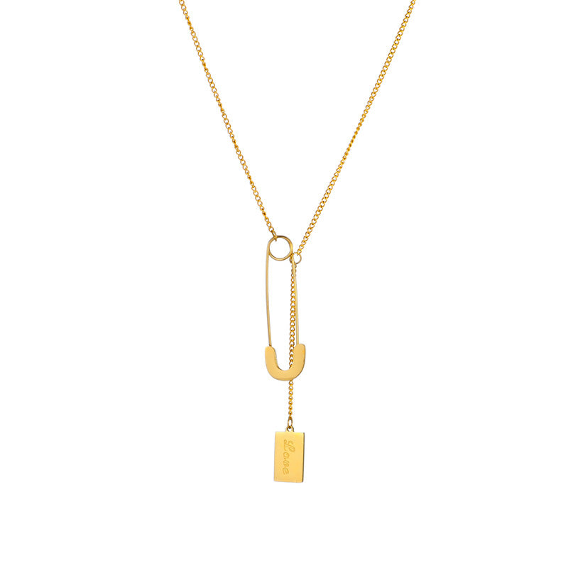 Minimalist Cold-Tone Titanium Steel Square Pendant Necklace with Safety Pin Detail on Standard Chain