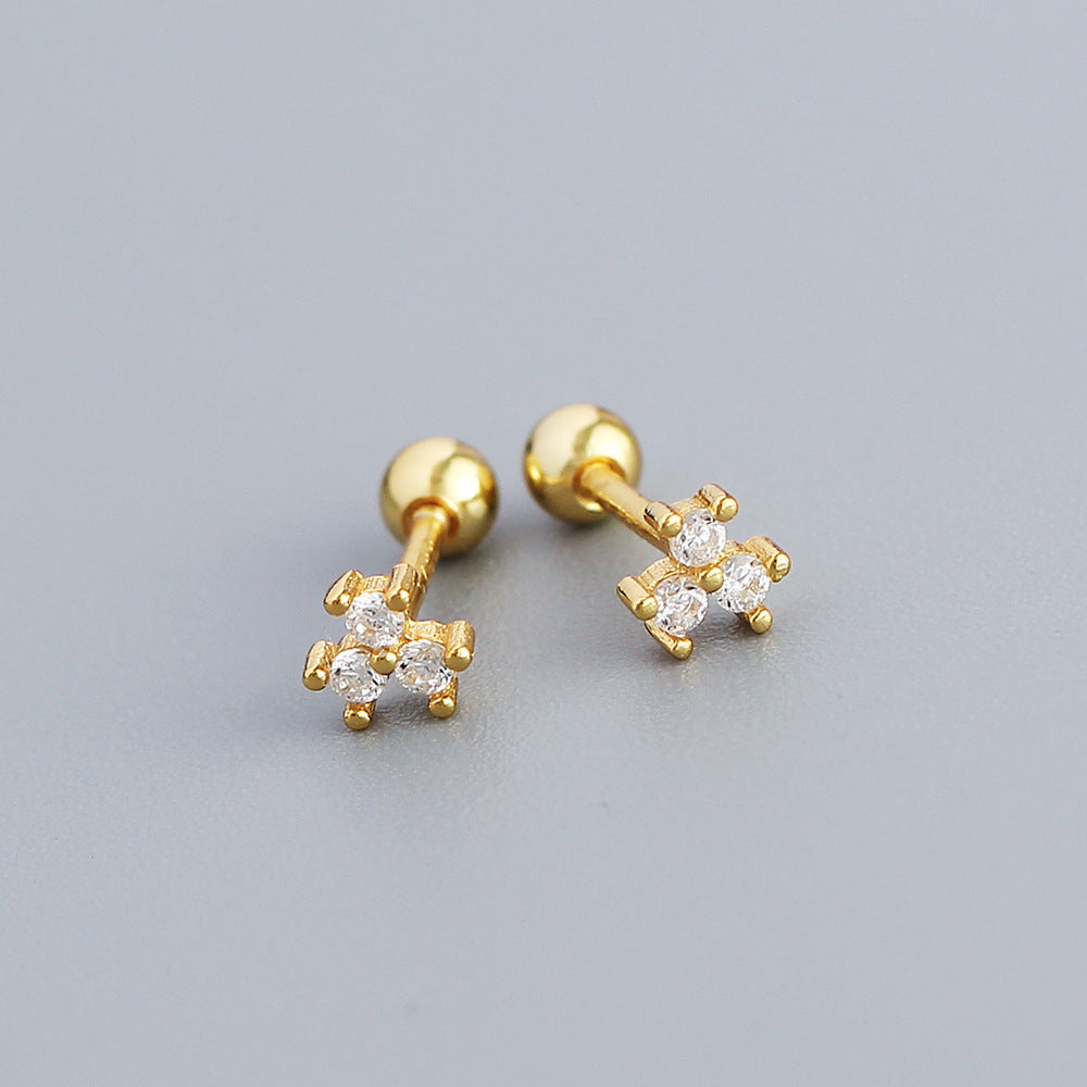 Orecchini a perno in argento sterling S925 a forma floreale minimalista con intarsio in strass e mini chiusure a vite