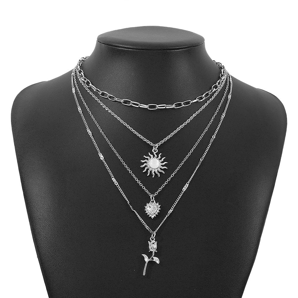 Collana Girocollo Floreale Cuore con Sole Retrò da Donna con Intarsio di Strass in Lega, Design Geometrico, Finitura Placcata