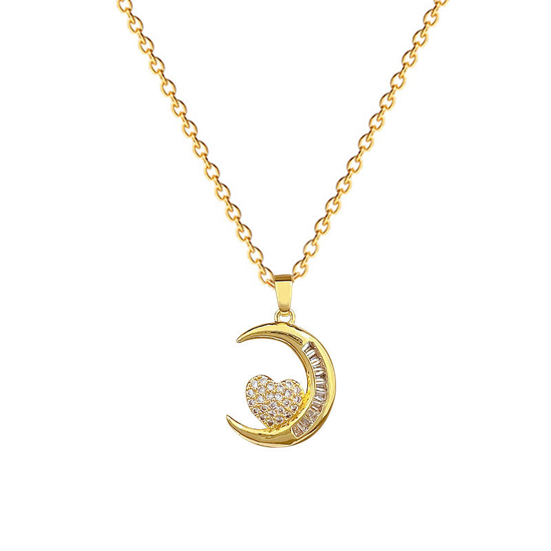Collar con colgante de luna y corazón estilo dibujo animado para mujer, cadena de medallón de acero inoxidable con incrustaciones completas de pedrería