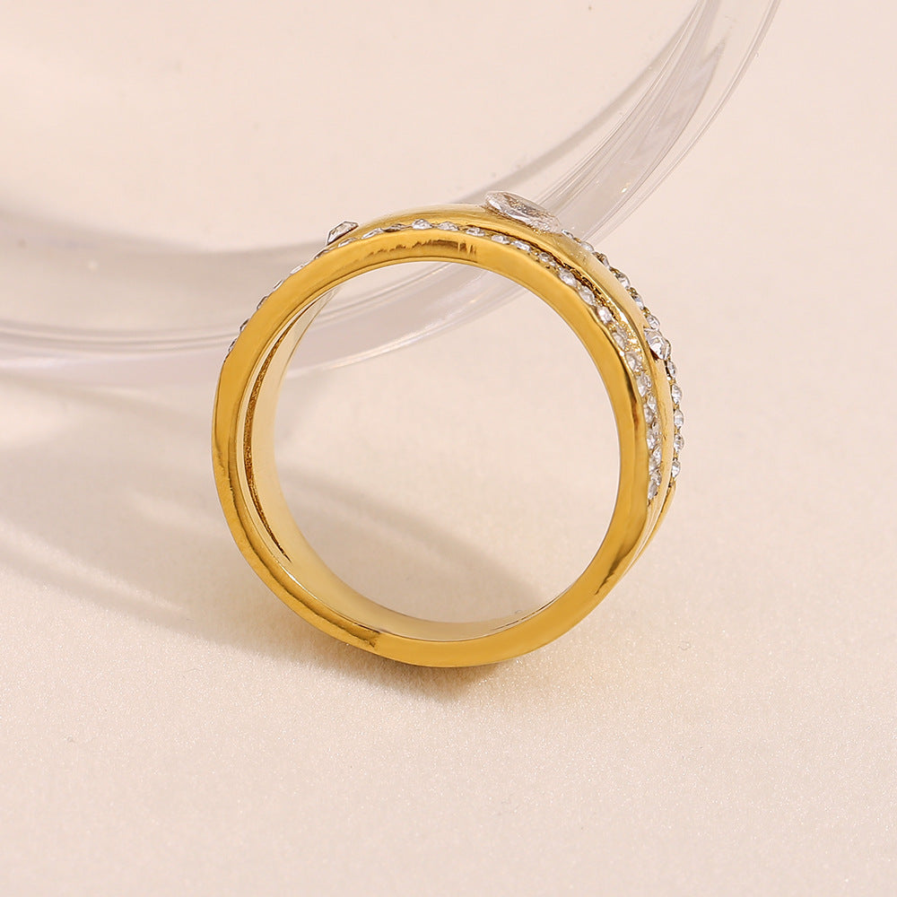Minimalist Geometric Stainless Steel Ring with 18K Gold Plating and Multi-Layer Zirconia Accents for Women
