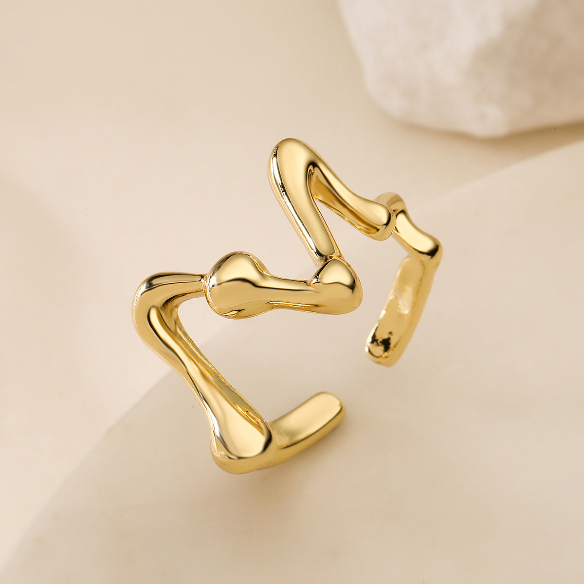 Minimalist Irregular Geometric Open Ring for Women Made of Copper with 18K Gold Plating