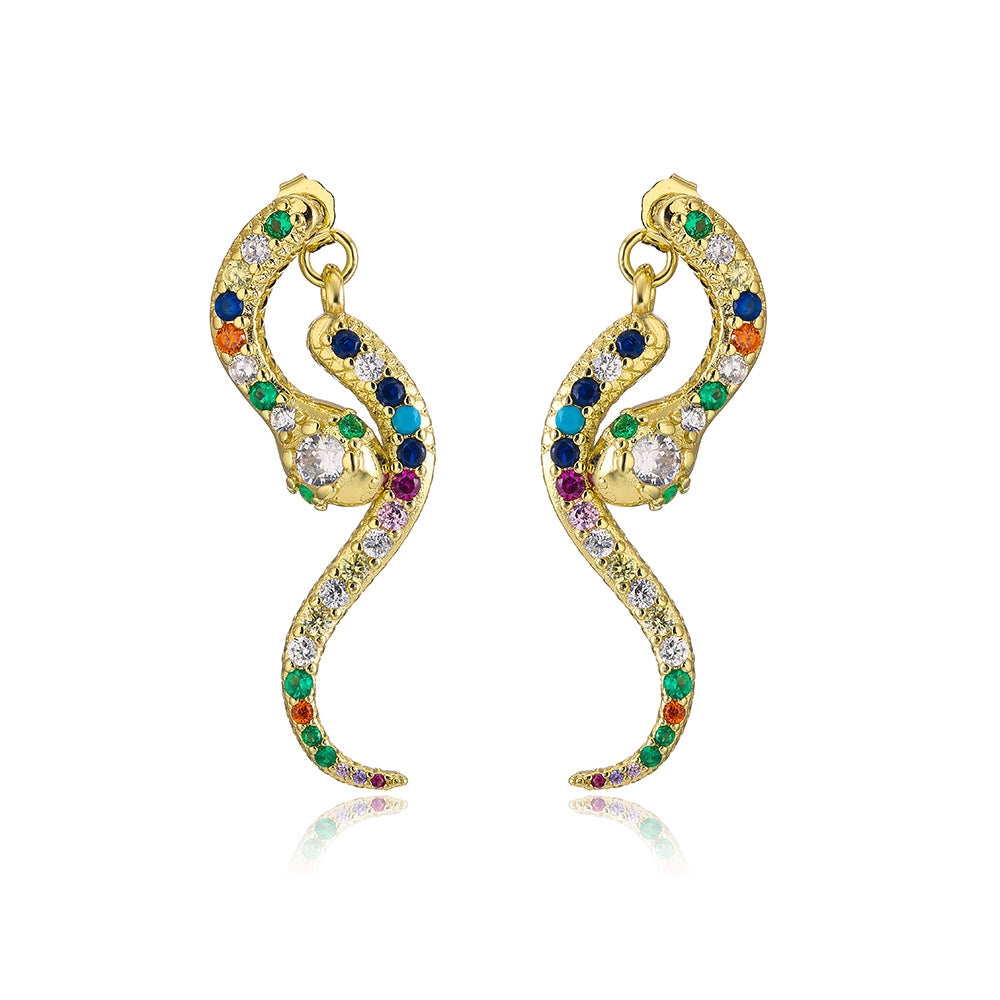 Ins Style Geometric Snake Shape Copper Earrings for Women with 18K Gold Plating and Zircon Inlay