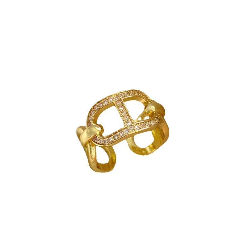 Minimalist Pig Nose Shaped Open Ring in Copper with Rhinestone Inlay, Electroplated for Fade-Resistant Finish