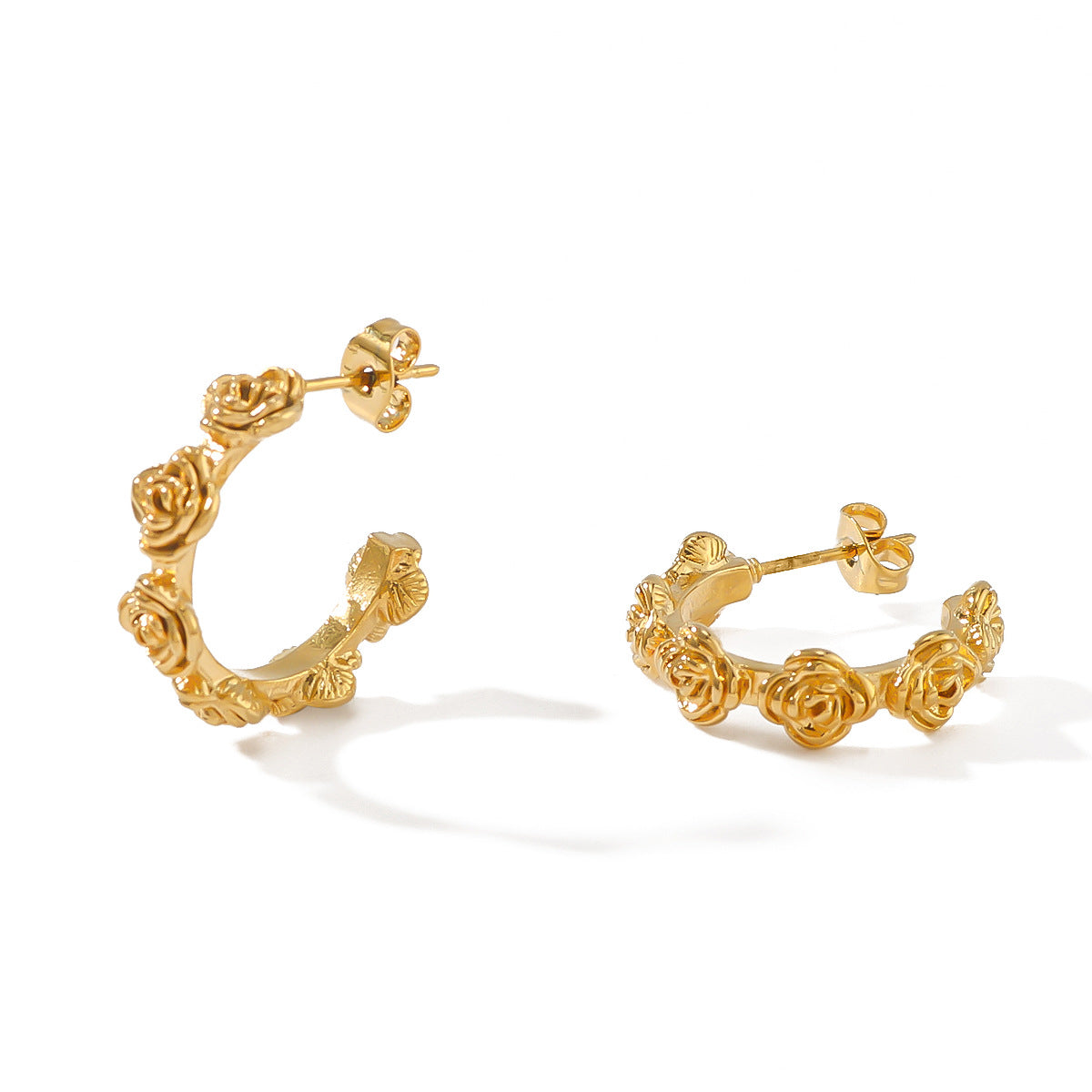 Vintage Rose Engraved Stainless Steel Earrings with 18K Gold Plating for Women Romantic Floral Design Minimalist Ear Studs