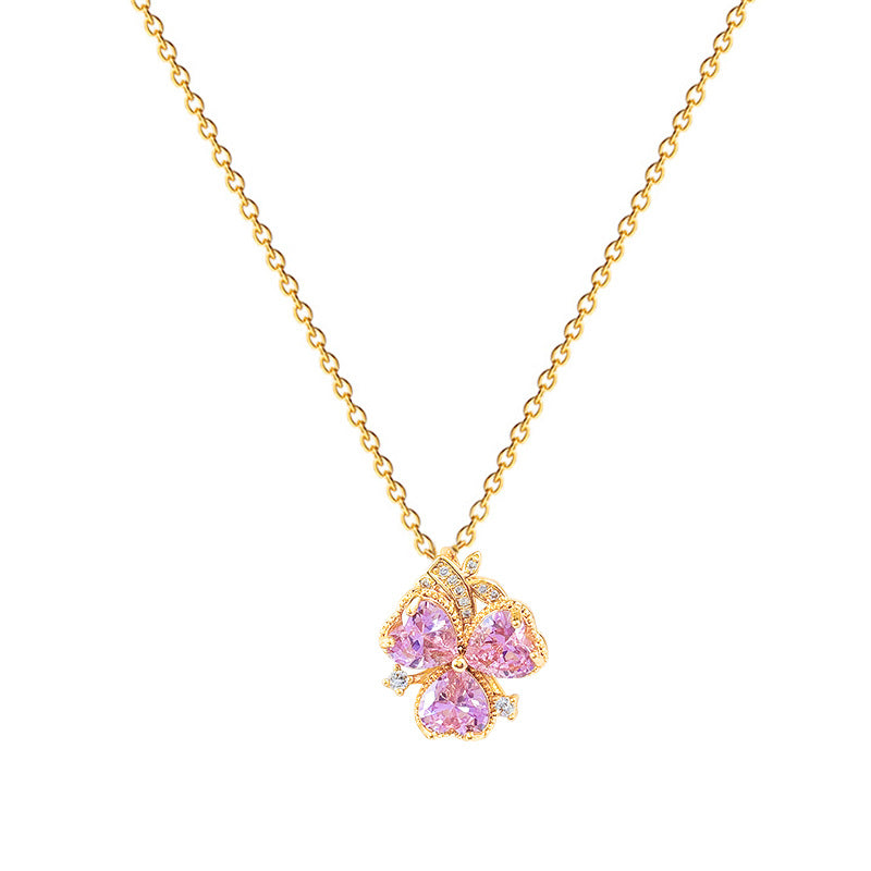 Collar con colgante de flor de tres pétalos minimalista para mujer, cadena de medallón de acero inoxidable con incrustaciones completas de diamantes de imitación y estilo fresco y dulce.