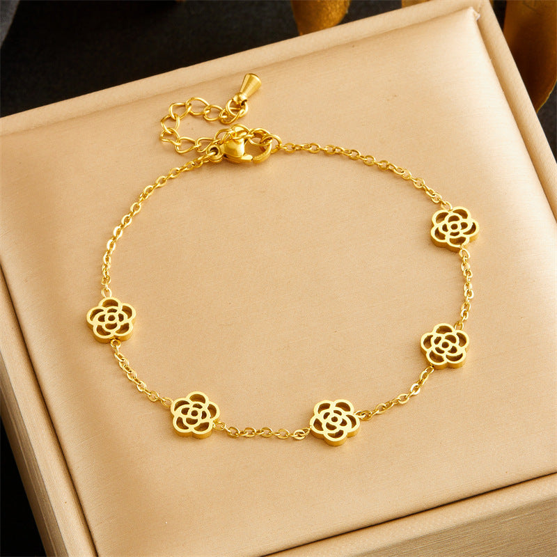 Elegante conjunto de collar, pendientes y pulsera chapados en acero inoxidable con diseño floral de rosa para la oficina