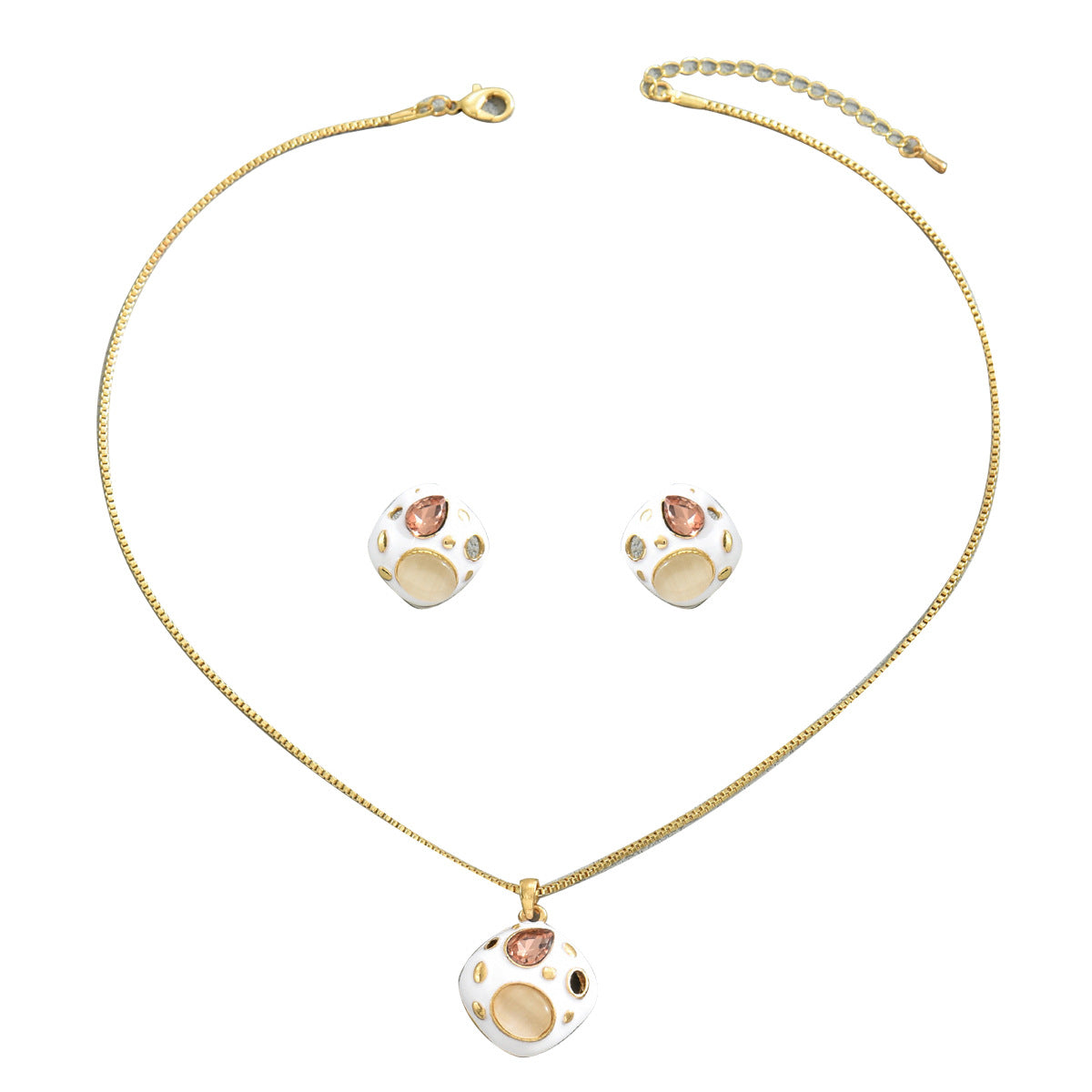 Conjunto de collar y pendientes geométricos minimalistas para mujer con base de cobre y gemas sintéticas incrustadas en aleación