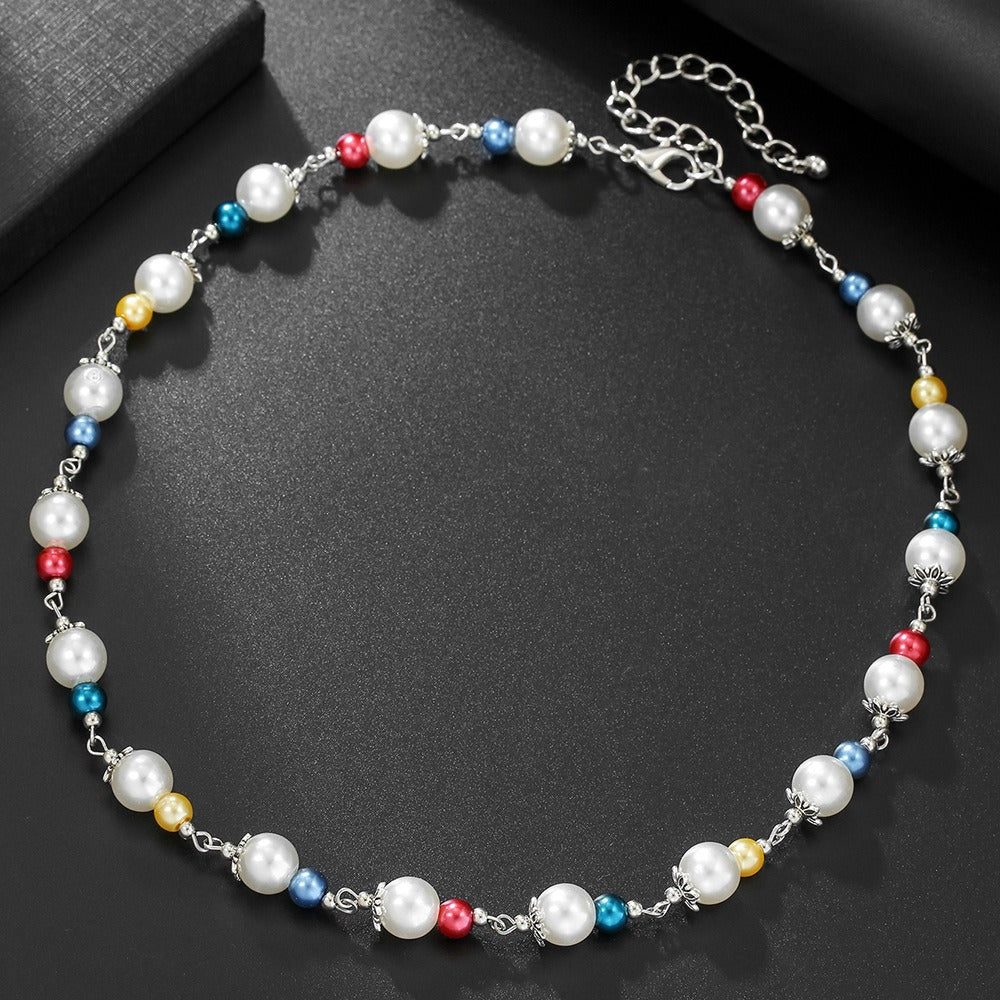 Minimalist Geometric Imitation Pearl and Agate Beaded Necklace with Plated Ball Chain for Unisex