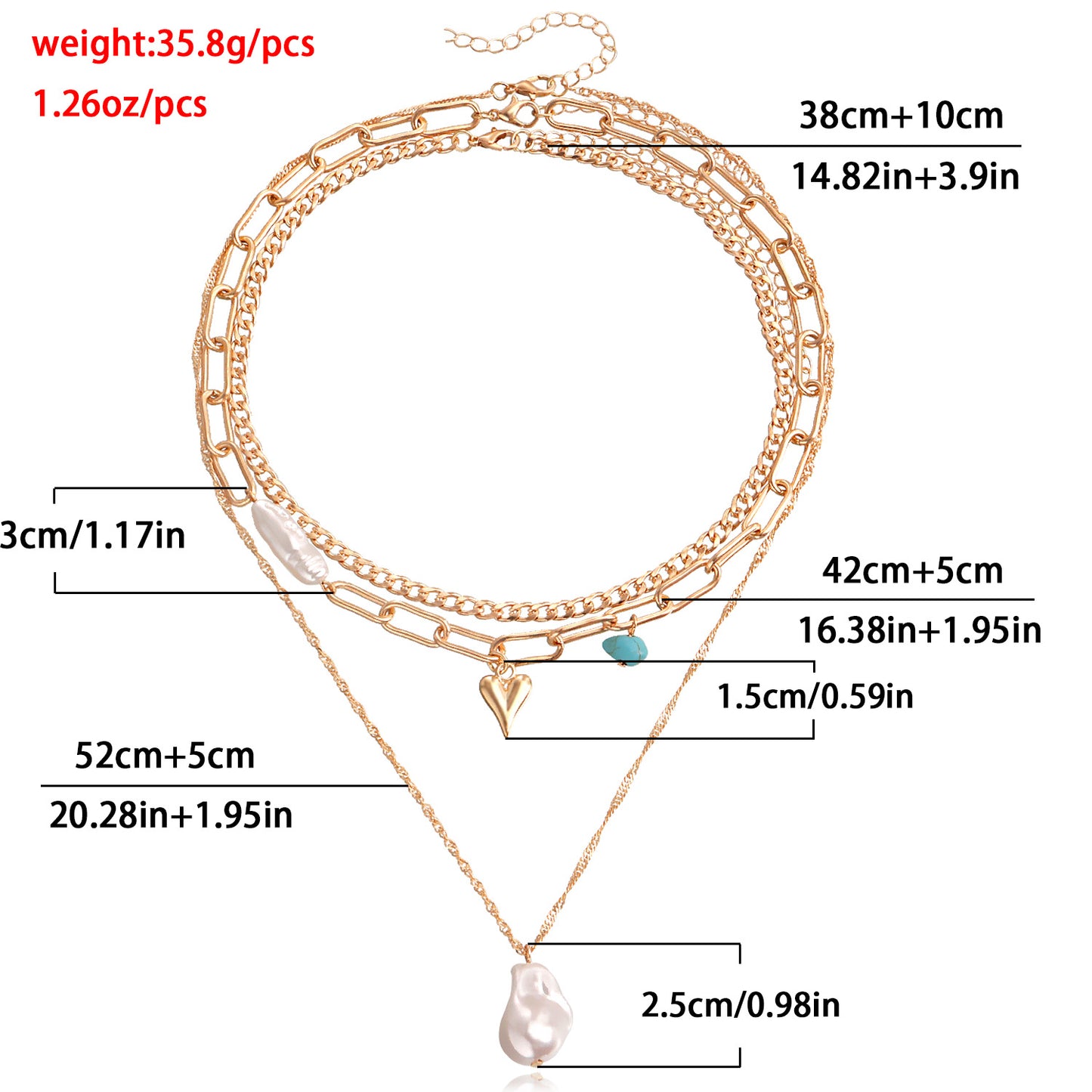 Trendy Multi-Layer Asymmetrical Pearl-Effect Heart Pendant Necklace for Women in Alloy with Plated Finish