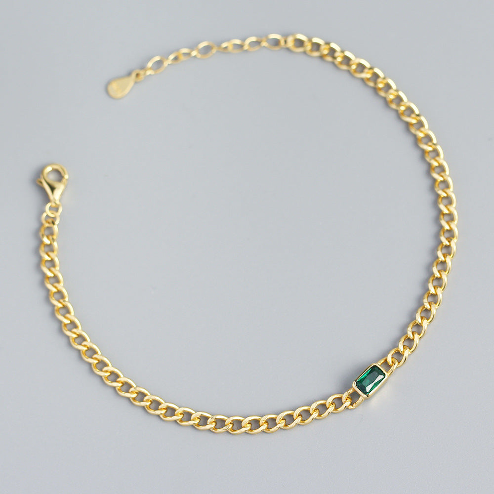 Bracciale a catena con maglie a cordolo in argento sterling 925 di lusso, elegante, geometrico, rettangolare, con intarsio di smeraldo da donna