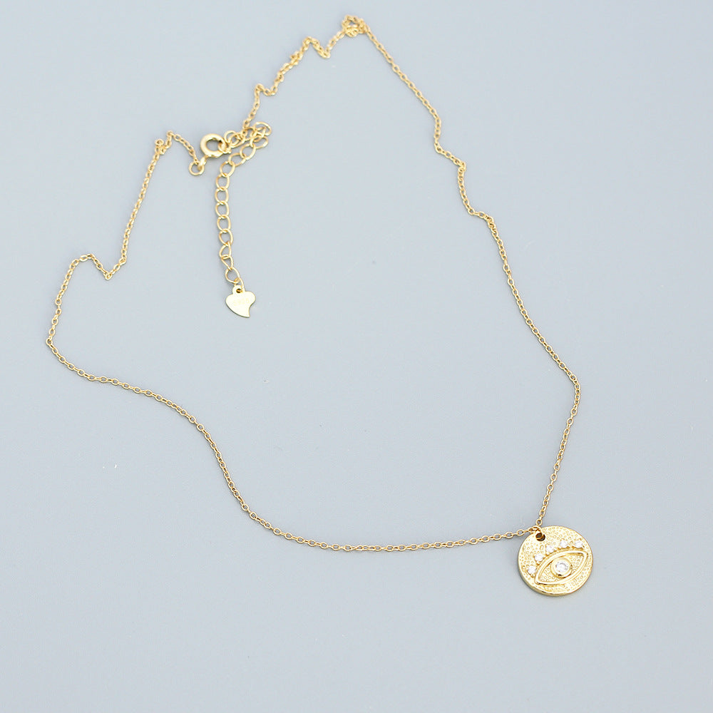 Minimalist Geometric Silver Coin Pendant Necklace with Evil Eye Charm, 925 Sterling Silver Snake Bone and O-Shape Layered Locket Chain