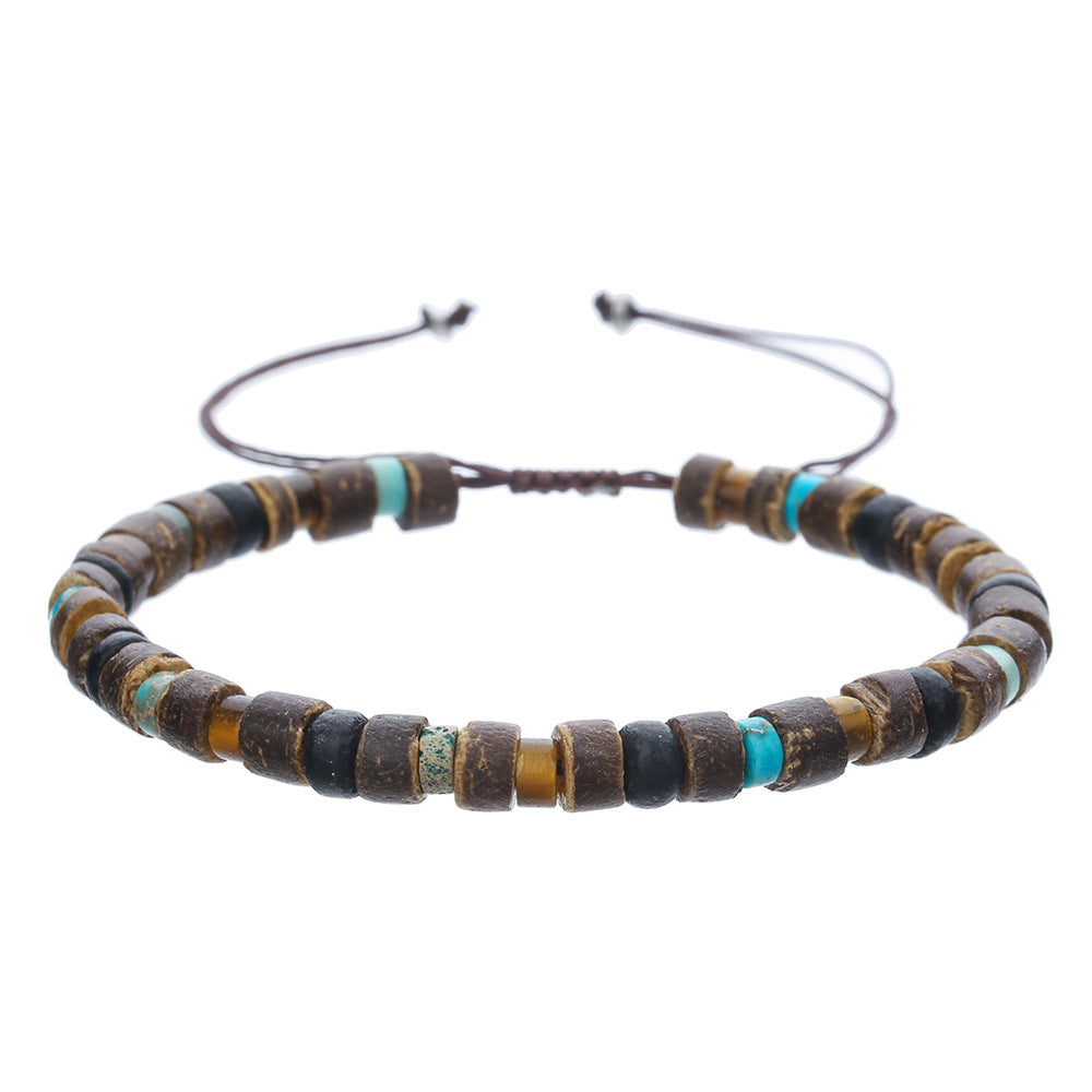 Bohemian Ethnic Geometric Wood Turquoise Beaded Stretch Bracelet for Men and Women