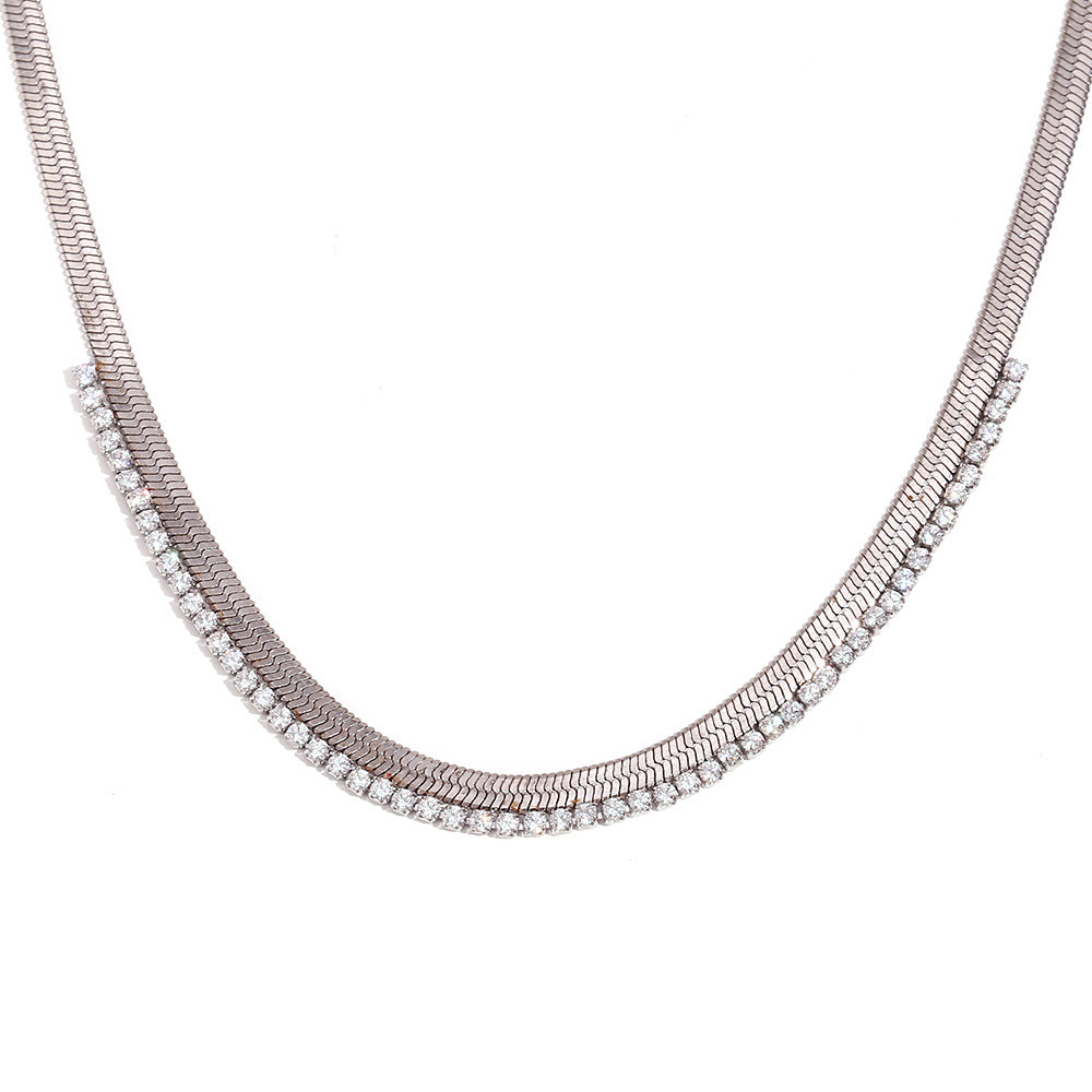 Minimalist Geometric Titanium Steel Plated Gold Fishbone Texture Inlaid Zircon Necklace for Women