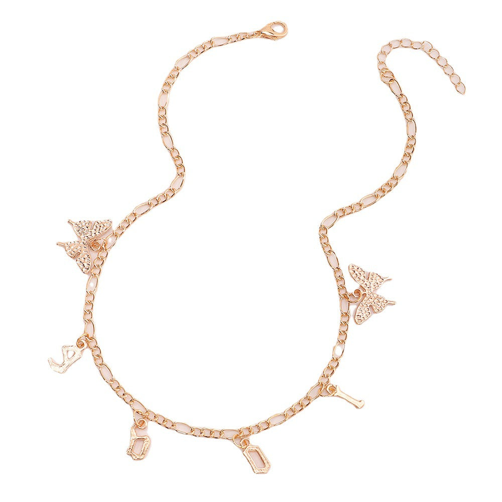 Collar colgante de mariposa estilo punk con letras para mujer en aleación con acabado chapado en cadena de caja
