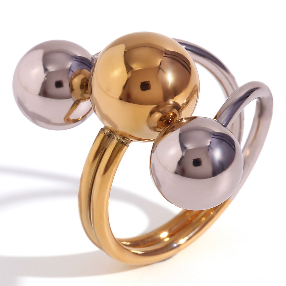 Fashionable Geometric Adjustable Three-Ball Color-Block Ring for Women in Stainless Steel with 18K Gold Plating