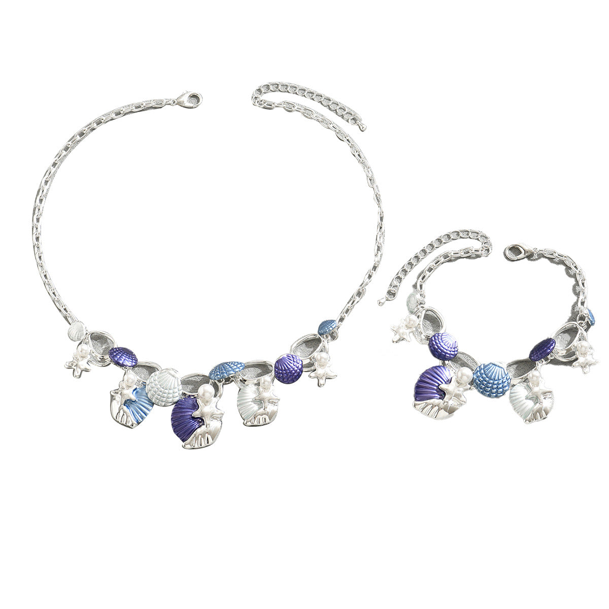 Set collana e bracciale in lega da donna smaltato a forma di stella marina geometrica e conchiglia, ispirato all'oceano