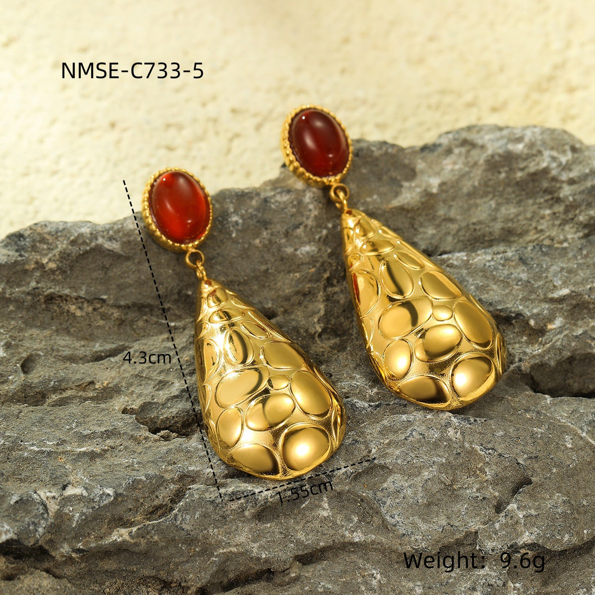 Fashionable Water-Drop-Shaped Stainless Steel Stud Earrings with Natural Stone Inlay and Plated Finish for Women