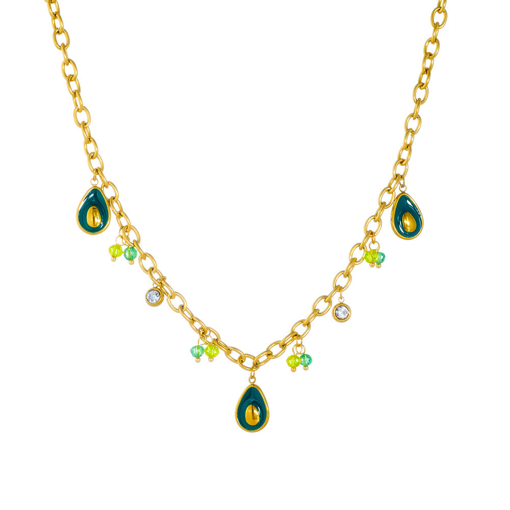 Fashionable Avocado-Shaped Enamel Pendant Necklace in Stainless Steel with Gold Plating on O-Chain for Women