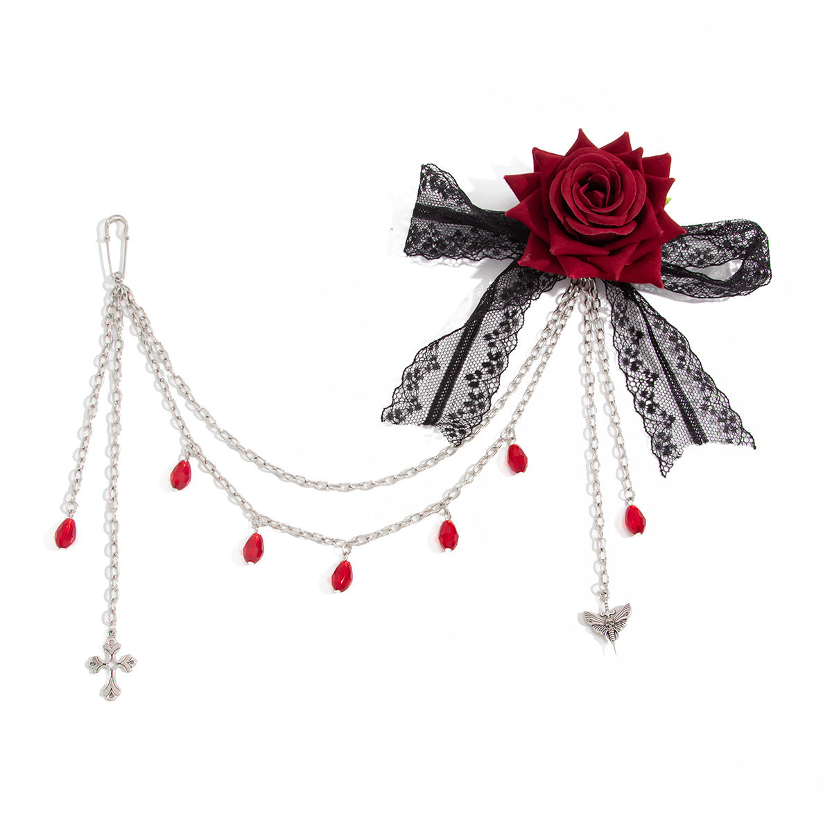 Gothic Vintage Rose Moth Iron Plated Brooch with Tassel