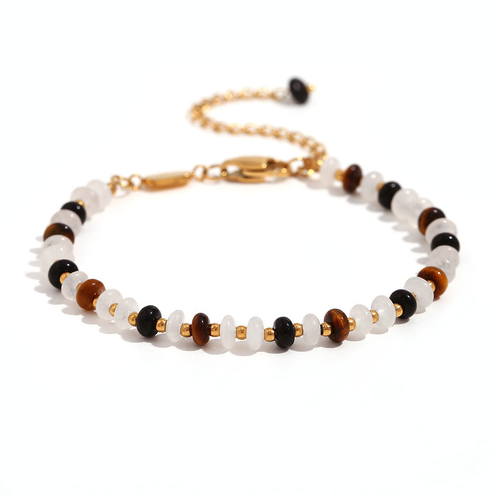 Minimalist Geometric Stainless Steel Necklace with Titanium Steel Beads, Tiger Eye and White Jade Accents, Gold Plated 18K Finish