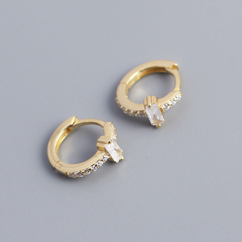 Minimalist Elegant 925 Sterling Silver Rectangle Geometric Inlaid Cubic Zirconia Hoop Earrings