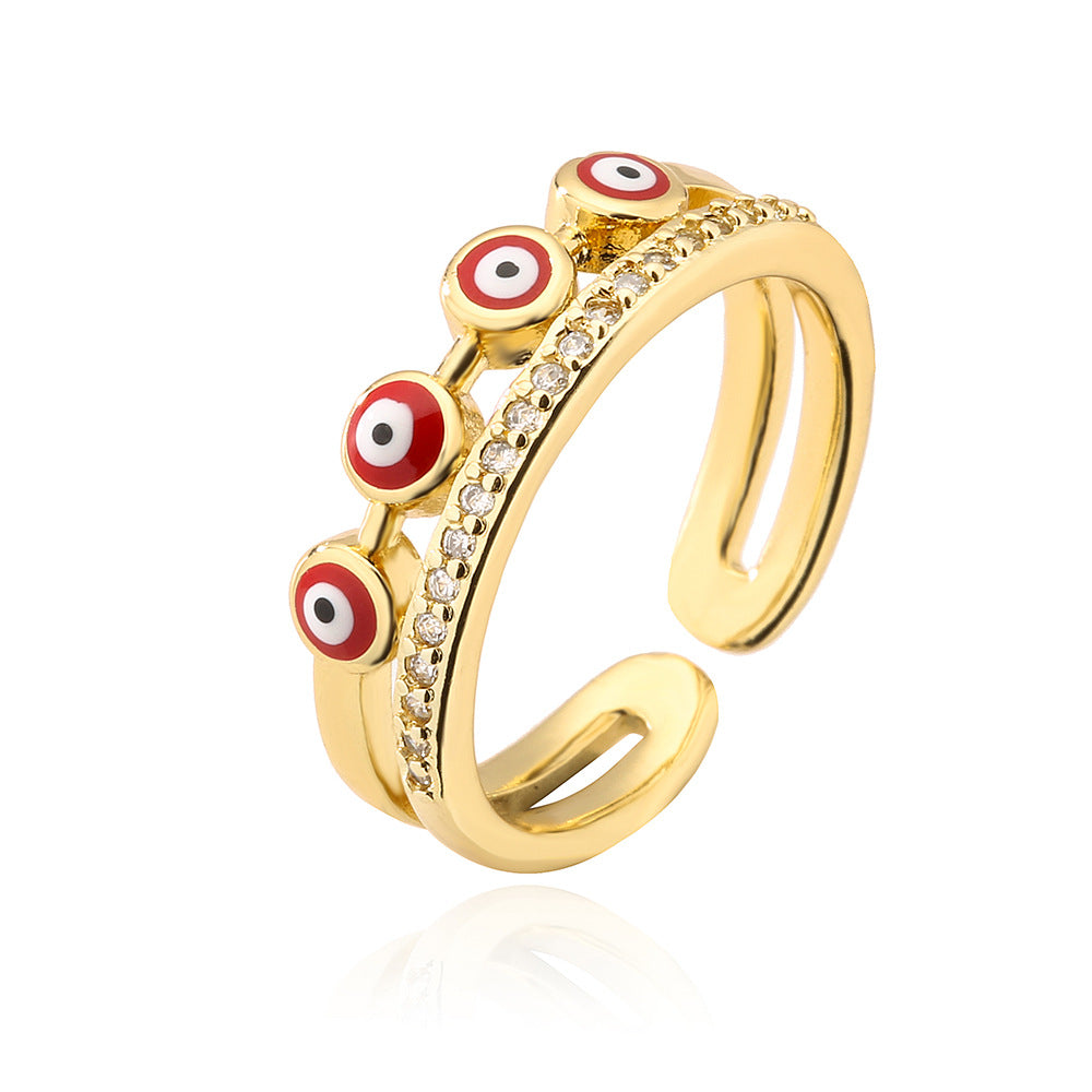 Geometric Open Eye Ring for Women with Copper Base Plated in 18K Gold and Enamel Finish Featuring Evil Eye Design