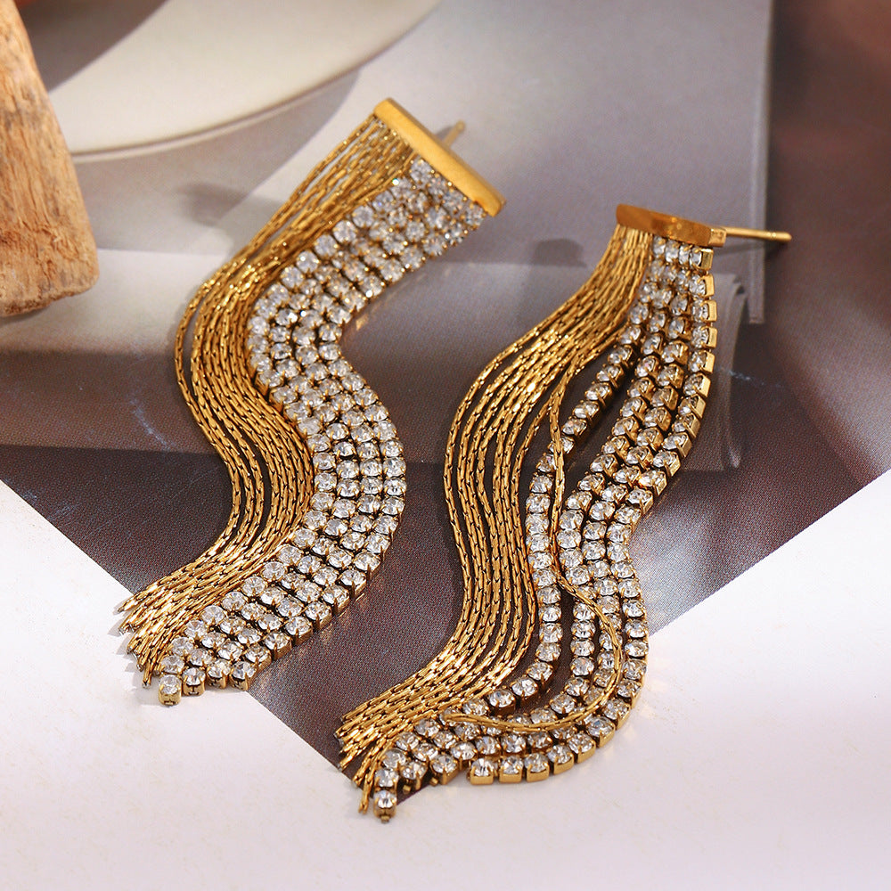 Luxury Geometric Stainless Steel Earrings with 18K Gold Plating Rhinestone Chain and Tassel Detail