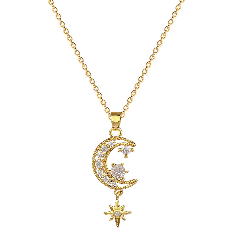Collana con ciondolo di lusso Luna e Stella da donna e uomo con catena in acciaio al titanio, intarsio di strass, design geometrico, lunghezza regolabile 21-50 cm